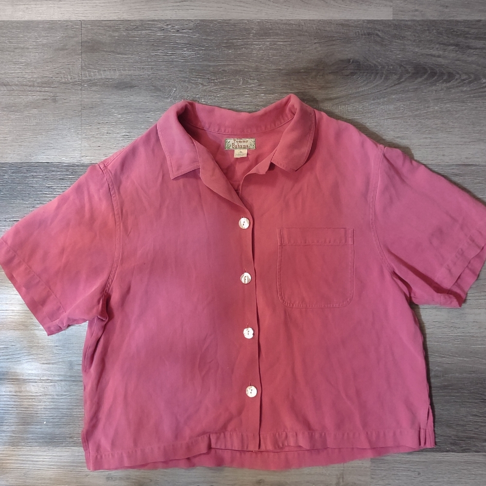 Tommy Bahama Pink Silk Short Sleeve Button Down Boxy Shirt Women